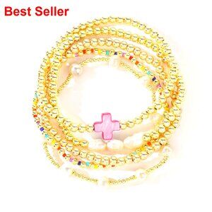 14K Gold Pearl Beaded Cross Bracelets Stack Set, Stretch Boho